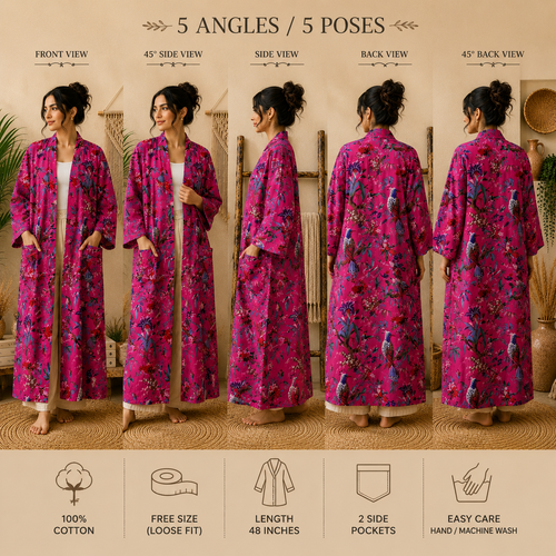 Women's Cotton Floral Bird Print Long Kimono Robe | Boho Lightweight Open Front Cardigan with Pockets