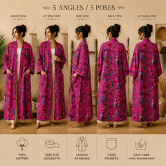 Women's Cotton Floral Bird Print Long Kimono Robe | Boho Lightweight Open Front Cardigan with Pockets