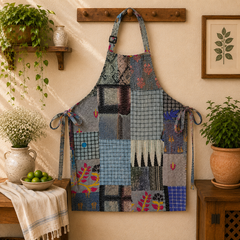 Vintage Kantha Patchwork Apron 1 Pc, Grey Blue Cotton Cooking Apron, Handmade Boho Kitchen Apron, Recycled Sari Apron with Pocket