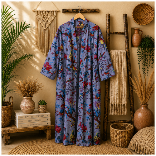 Women's Cotton Bird & Floral Print Long Kimono Robe | Boho Lightweight Open Front Duster Cardigan with Pockets