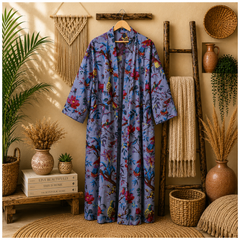 Women's Cotton Bird & Floral Print Long Kimono Robe | Boho Lightweight Open Front Duster Cardigan with Pockets