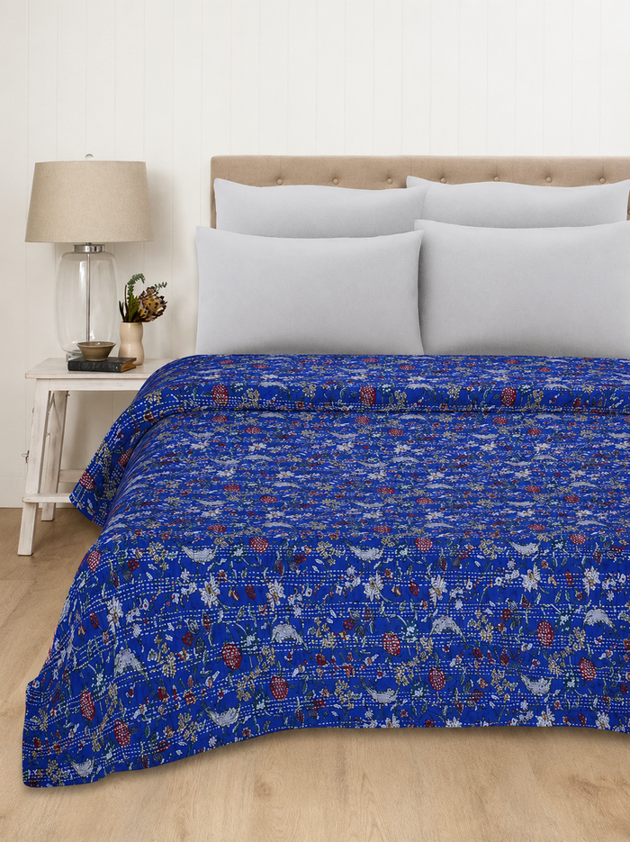 Floral Kantha Blue Handmade Throw Blanket
