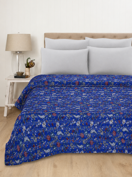 Floral Kantha Blue Handmade Throw Blanket
