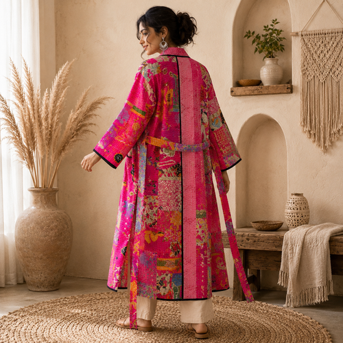 Indian Handmade Vintage Kantha Quilt Pink Patchwork Kimono Robe One Size Robe