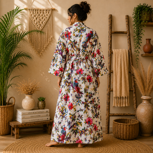 Women's White Cotton Bird & Floral Print Long Kimono Robe | Boho Lightweight Open Front Duster Cardigan with Belt & Pockets