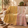 Mustard Yellow & Pink Vintage Kantha Quilt Handmade Reversible Cotton Throw Blanket – 65x90 Inches