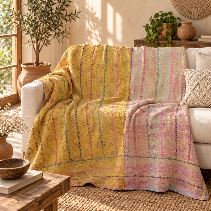Mustard Yellow & Pink Vintage Kantha Quilt Handmade Reversible Cotton Throw Blanket – 65x90 Inches