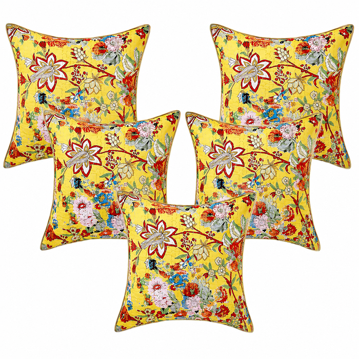Kantha Hand-Stitched, Luxury Yellow Floral Cushion Cover Set