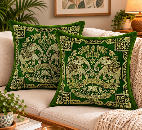 Indian Decorative Brocade Green And Gold Throw Pillow Covers 2 Pcs 16x16 Inch