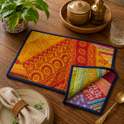Handmade Vintage Kantha Placemats Set of 2 – Reversible Cotton Patchwork Table Mats
