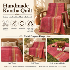 Pink Vintage Kantha Quilt Handmade Reversible Cotton Throw Blanket – 60x90 Inches
