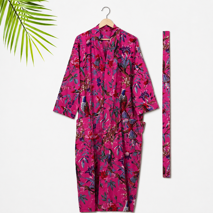 Bird Print Pink Kimono Robe, Bath Robe, Kimono for Women's