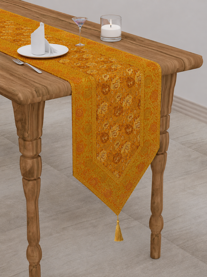 Yellow Floral Silk Brocade Table Runner, Formal Entertaining, Luxury Home Decor