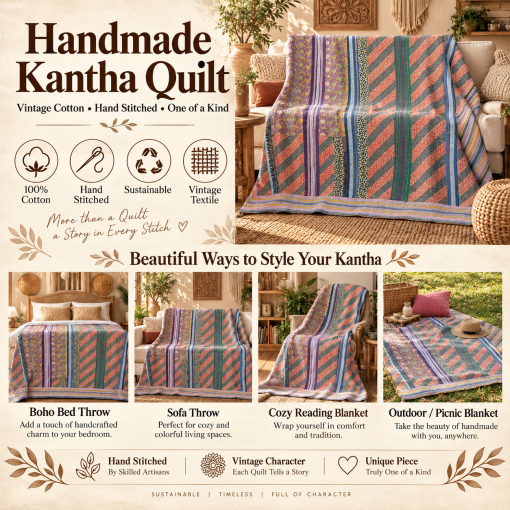 Coral Peach & Purple Vintage Kantha Quilt Handmade Heavy Cotton Reversible Blanket – 60x85 Inches