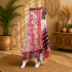 Vintage Pink Floral Wrap Skirt for Women | Handmade Upcycled Sari Maxi Skirt | Adjustable Tie Waist | Boho Beach Skirt | Sustainable Festival Clothing