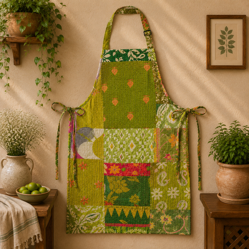 Vintage Kantha Patchwork Apron 1 Pc, Green Cotton Cooking Apron, Handmade Boho Kitchen Apron, Recycled Sari Garden Apron with Pocket