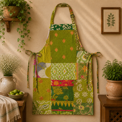 Vintage Kantha Patchwork Apron 1 Pc, Green Cotton Cooking Apron, Handmade Boho Kitchen Apron, Recycled Sari Garden Apron with Pocket