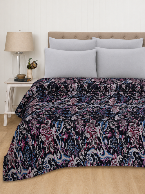 Vintage Kantha Black Floral Handmade Indian Quilt