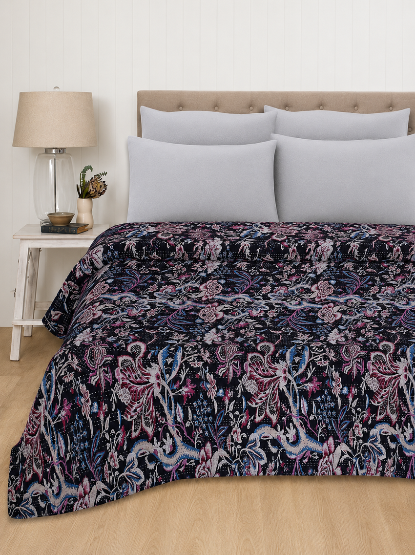 Vintage Kantha Black Floral Handmade Indian Quilt