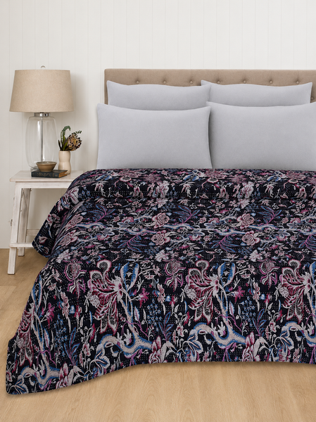 Vintage Kantha Black Floral Handmade Indian Quilt
