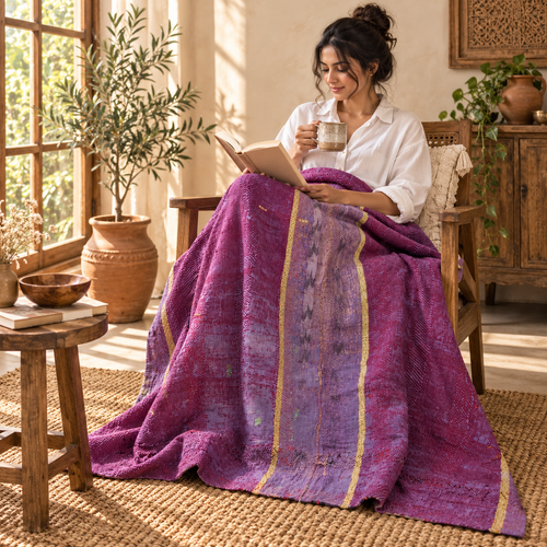 Purple Magenta Vintage Kantha Quilt Handmade Reversible Cotton Throw Blanket – 60x90 Inches