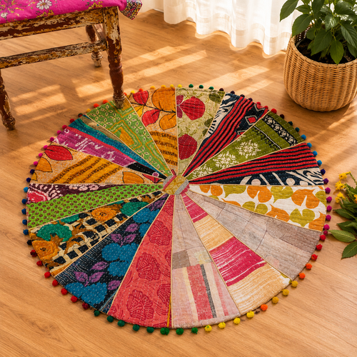 Round Kantha Patchwork Floor Mat – Handmade Vintage Cotton Boho Rug with Pom Pom Trim, Colorful Indian Meditation Mat & Nursery Decor