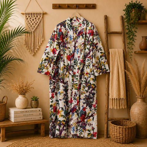 Women's White Cotton Bird & Floral Print Long Kimono Robe | Boho Lightweight Open Front Duster Cardigan with Belt & Pockets