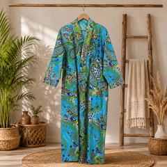 Women's Turquoise Paisley Cotton Kimono Robe | Lightweight Boho Long Robe with Belt & Pockets