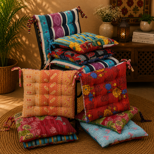 Handmade Kantha Chair Cushion, Cotton Seat Cushion, Quilted Chair Pad, Boho Floor Cushion, Tie-On Chair Cushion, Floral Cotton Cushion, Dining Chair Pad