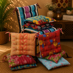 Handmade Kantha Chair Cushion, Cotton Seat Cushion, Quilted Chair Pad, Boho Floor Cushion, Tie-On Chair Cushion, Floral Cotton Cushion, Dining Chair Pad