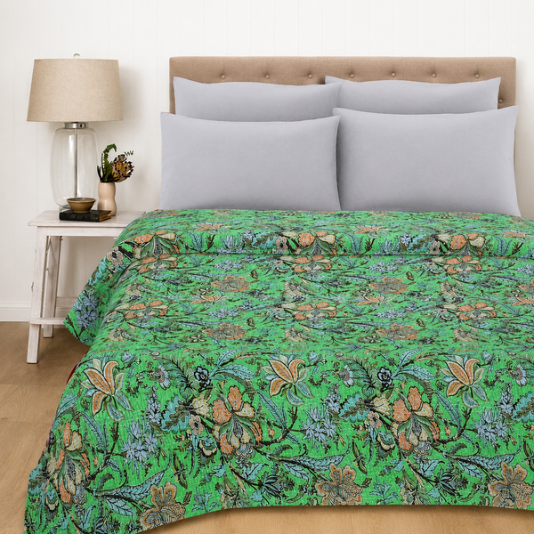 Indian Handmade Floral Kantha Green Quilt