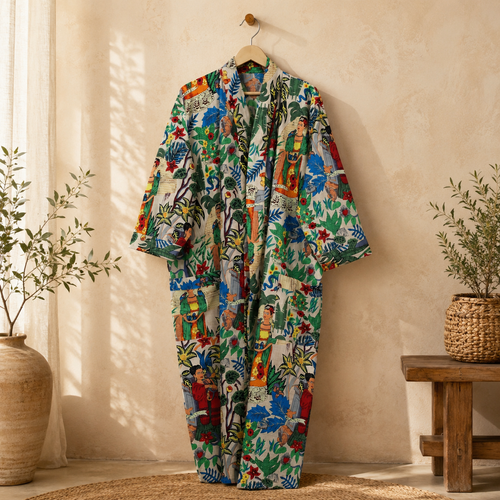 Handmade Cotton Kimono Robe for Women | Boho Long Cotton Kimono | Floral Lightweight Beach Cover Up | Resort Wear | Free Size