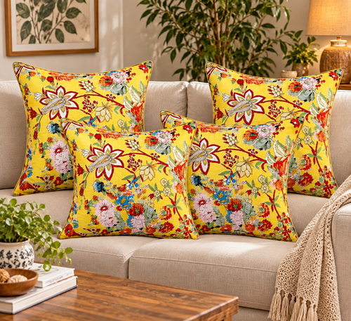 Kantha Hand-Stitched, Luxury Yellow Floral Cushion Cover Set