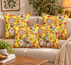 Kantha Hand-Stitched, Luxury Yellow Floral Cushion Cover Set