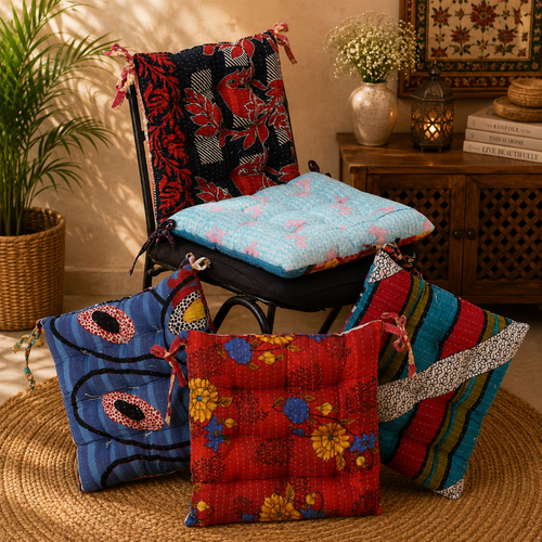 Handmade Kantha Chair Cushion, Cotton Seat Cushion, Quilted Chair Pad, Tie-On Chair Cushion, Boho Floral Cushion, Dining Chair Cushion, Floor Cushion