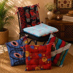 Handmade Kantha Chair Cushion, Cotton Seat Cushion, Quilted Chair Pad, Tie-On Chair Cushion, Boho Floral Cushion, Dining Chair Cushion, Floor Cushion
