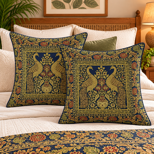 Peacock Black 5 Pcs Square 16x16 Inch Home Decor Silk Cushion Cover