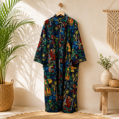 Handmade Cotton Kimono Robe for Women | Navy Blue Boho Long Kimono | Floral Cotton Beach Cover Up | Resort Wear | Free Size