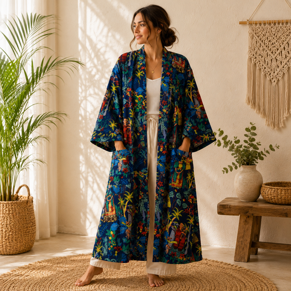 Handmade Cotton Kimono Robe for Women | Navy Blue Boho Long Kimono | Floral Cotton Beach Cover Up | Resort Wear | Free Size