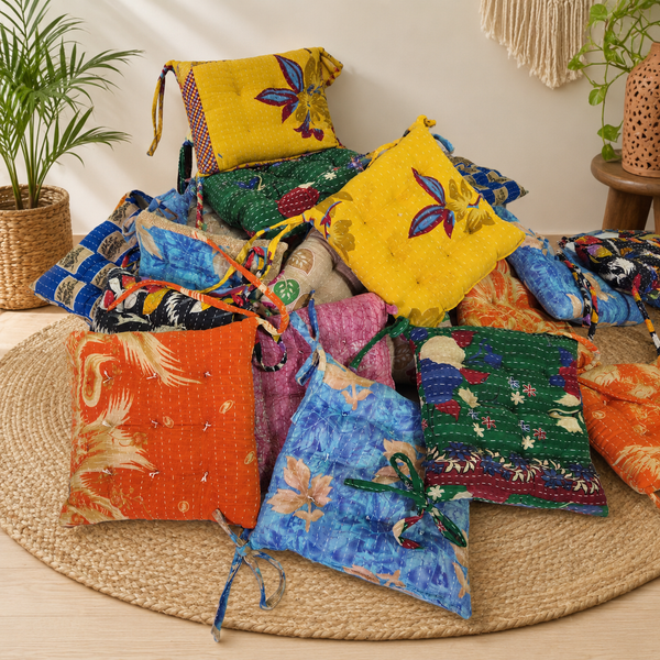 Vintage Kantha Chair Pad, Handmade Cotton Floor Cushion 5 Pcs, Indian Patchwork Seat Pad, Boho Meditation Cushion, Assorted Square Chair Mat