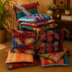 Handmade Kantha Chair Cushion, Cotton Seat Cushion, Quilted Chair Pad, Boho Cushion, Tie-On Chair Cushion, Floral Floor Cushion, Dining Chair Cushion