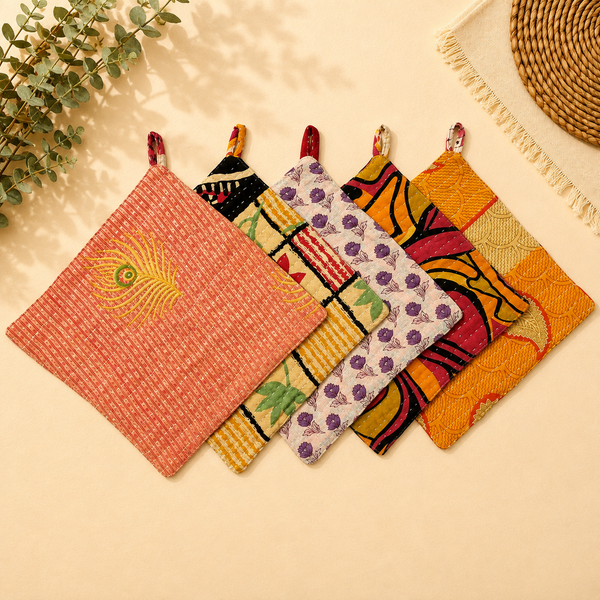 Vintage Kantha Pot Holders Set of 5, Handmade Quilted Hot Pads, Recycled Sari Trivets, Colorful Patchwork Boho Kitchen Decor