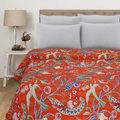 Orange Bird Print Kantha Cotton Bed Cover