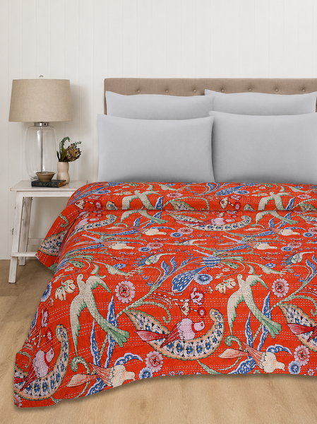 Orange Bird Print Kantha Cotton Bed Cover