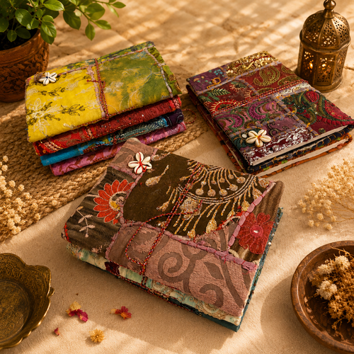 Vintage Embroidered Patchwork Journal, Handmade Recycled Fabric Notebook 5 Pcs, Boho Indian Diary, Artisan Writing Journal, Unique Gift