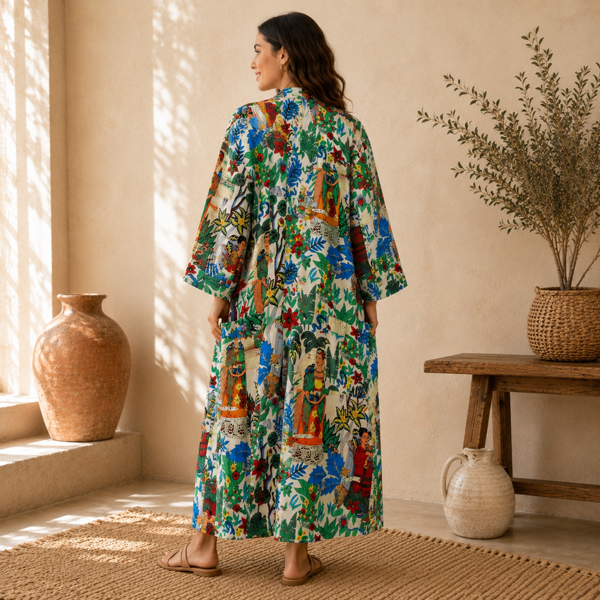 Handmade Cotton Kimono Robe for Women | Boho Long Cotton Kimono | Floral Lightweight Beach Cover Up | Resort Wear | Free Size