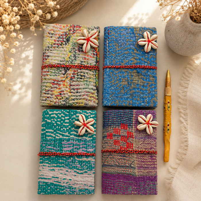Vintage Kantha Fabric Journal with Shell Flower Closure, Handmade Recycled Sari Notebook 4 Pcs, Boho Diary, Indian Patchwork Journal, Unique Gift