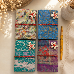 Vintage Kantha Fabric Journal with Shell Flower Closure, Handmade Recycled Sari Notebook 4 Pcs, Boho Diary, Indian Patchwork Journal, Unique Gift