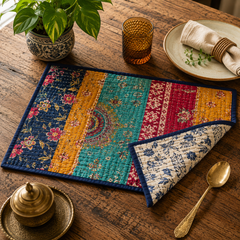 Handmade Vintage Kantha Placemats Set of 2 – Reversible Cotton Patchwork Table Mats
