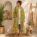 Handmade Yellow Cotton Kimono Robe for Women | Boho Floral Paisley Long Cardigan | Lightweight Beach Cover Up | Summer Resort Wear